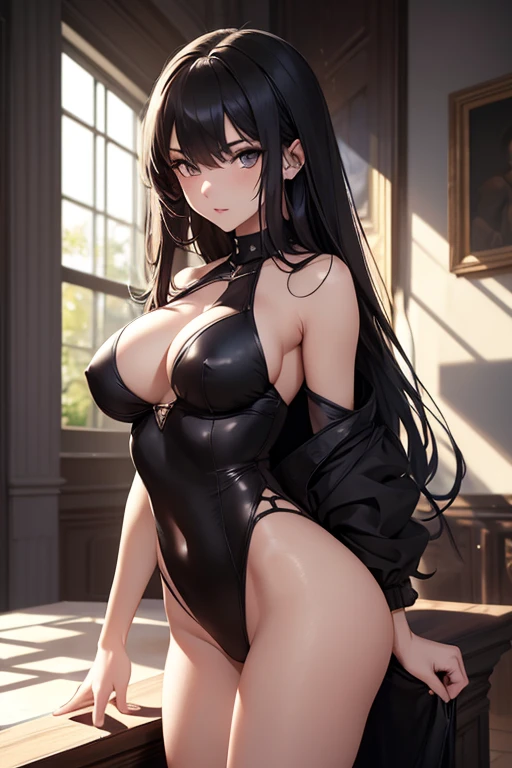 Masterpiece, Ultra quality, good lighting, shadows, perfect anatomy, posing, 1 girl, 21 years, girl, cute face, beautiful body, black medium hair, black eyes, seductive eyes, eroticing, dark style, background room, rear, breasts, Thiductive, hot, spicy, NSFW,