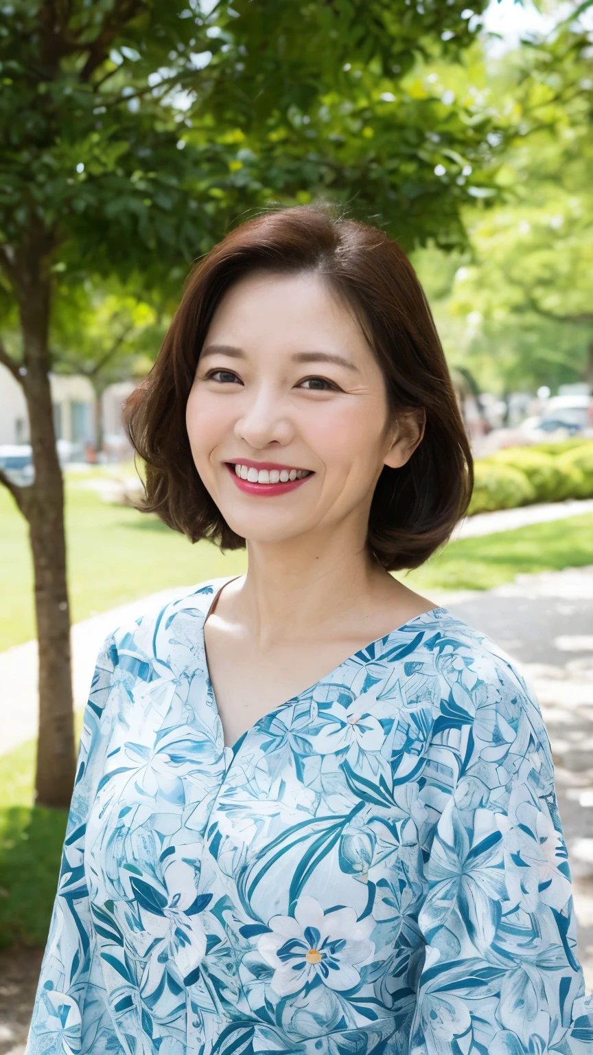  Standing in the park, Wrinkles around the eyes, Smiling with teeth showing, Japanese painting, senior citizen, Draw lips correctly, Red lipstick, No discomfort, 16K, Highest quality, Very detailed, Realistic, Very detailed肌, (Japanese), (alone), 100 years old, Large Breasts, , Glamour, sexy, Chromo White Skin, Staring straight ahead,