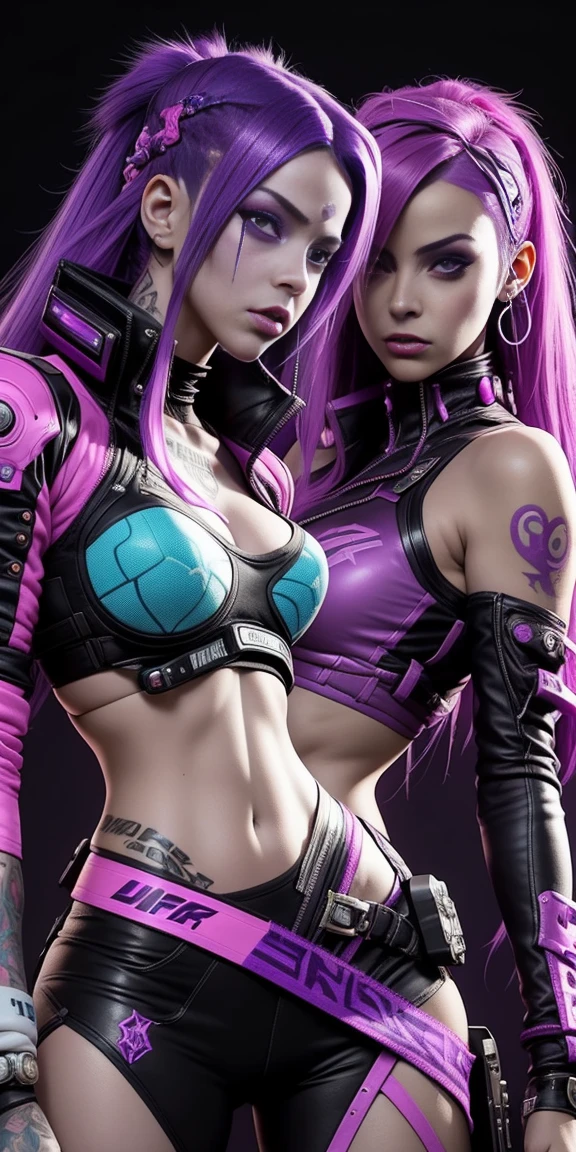 two female characters with purple hair and black and pink hair, cyber universe style, cyber punk setting, unreal engine : : delirium makeup, cyber style, in a cyber-punk ally, futuristic avatars, punk girl, a cyberpunk 2077, gothic and futuristic, beautiful science fiction twins, dark purple hair and cybernetics