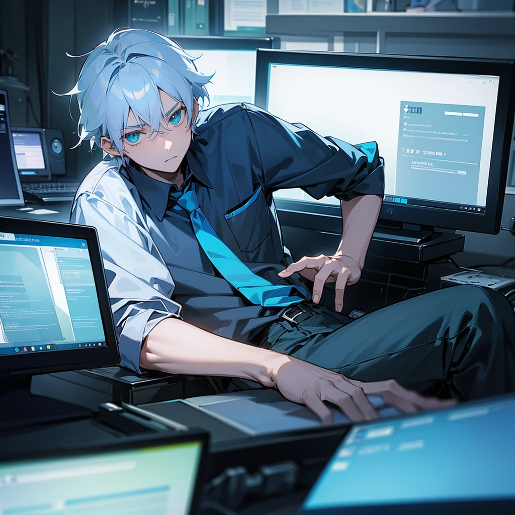  boy, dark blue shirt, bluish white hair, greeneyes, black pants, in the room using the computer alone, looking directly at the monitor