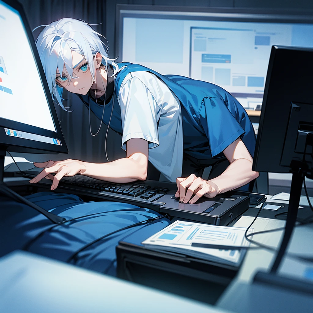 teenage boy, dark blue shirt, bluish white hair, greeneyes, black pants, in the room using the computer alone, looking directly at the monitor