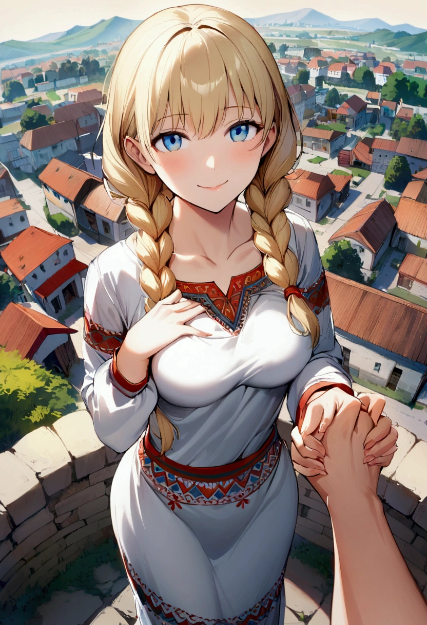 1 girl with long blonde hair, hair braided into two braids, Blue eyes, A curious face, smile,medium breasts, white Slavic dress, holds his hands to his chest, Slavic village in the background, view from above, ass pov