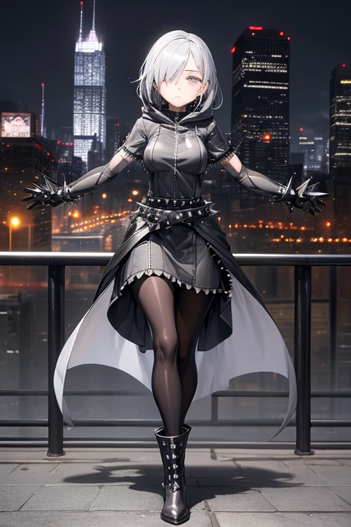 ((best quality)), ((masterpiece)), (detailed), 1 girl, Full body, 18 years old, Depressed face, Silver eyes, Arms outstretched, Arms behind waist, Metal covering her eyes, Gray zippered hood, Blushing, Silver hair, Straight hair, Bangs, Lock of hair covering her eye, Full body, Medium breasts, Slim body, Metal spikes, Grey wristbands, Long black gloves with spikes, Grey Gothic lolita dress, Grey dress with metal spikes, Metal emblem, Somewhat tight, Black belt, Metal legs, Black pantyhose, Black boots, Walking through the city, Metal coming out of the road, City background, Anime