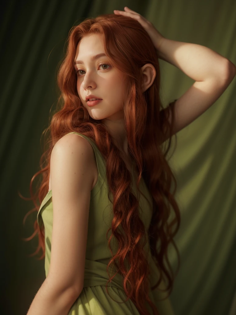 Elven Girl,One, Red hair, Wavy hair, вьющийся Red hair, elven pointed ears, bright green eyes, freckles, beautiful elf, a high resolution, masterpiece, realistic anatomy, Best quality, in detail, high detail, 