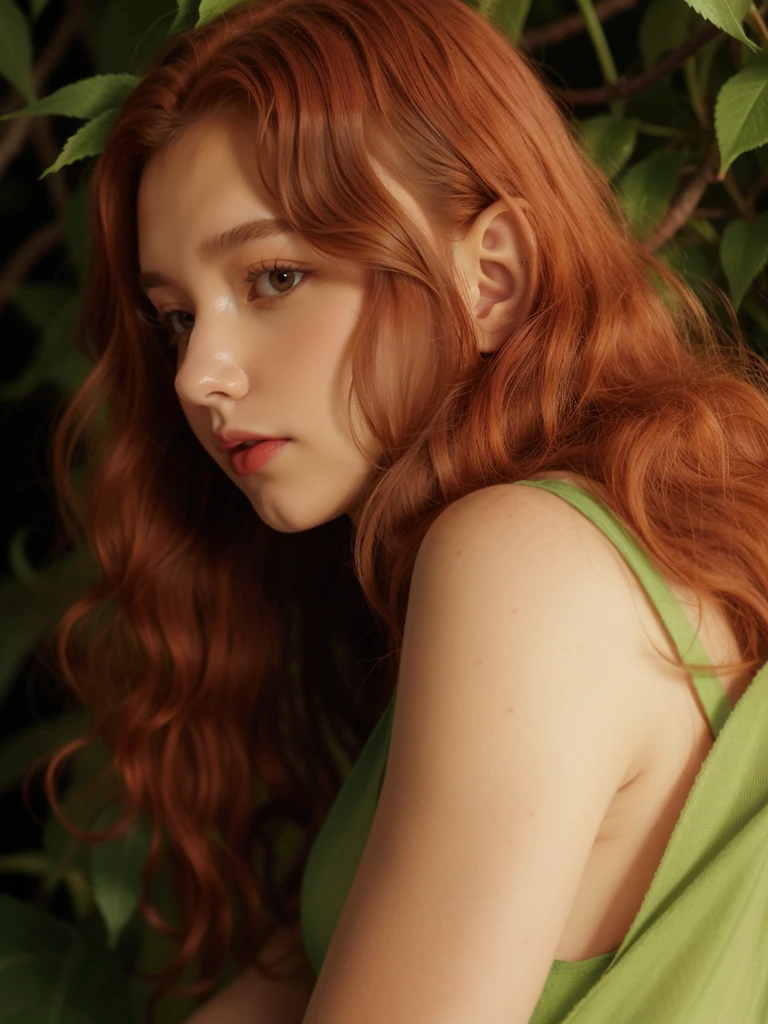 Elven Girl,One, Red hair, Wavy hair, вьющийся Red hair, elven pointed ears, bright green eyes, freckles, beautiful elf, a high resolution, masterpiece, realistic anatomy, Best quality, in detail, high detail,