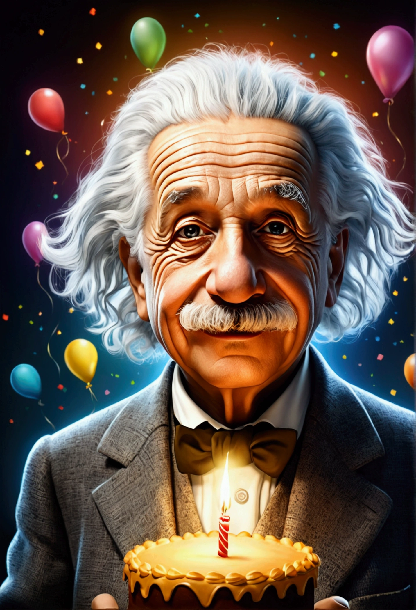 Albert Einstein is happy and wishes Happy Birthday, cartoon