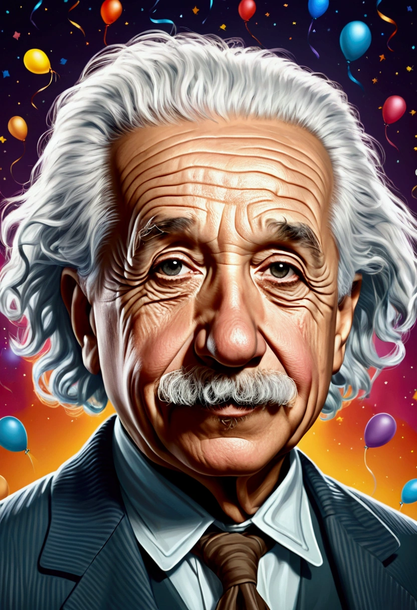 Albert Einstein is happy and wishes Happy Birthday, cartoon 