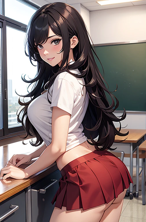 masterpiece, best quality, best lighting, shadows, perfect anatomy, 1 girl, adult anime girl, 21 years old, mature features, showing tits, bitchy face, pretty lips, pretty eyes, black wavy hair, black eyes, seductive eyes, blushing, flirty, pretty smile, tiny red skirt, white tight shirt, classroom background, ass, breast, thighs, seductive, spicy, hot, flirty, nsfw,