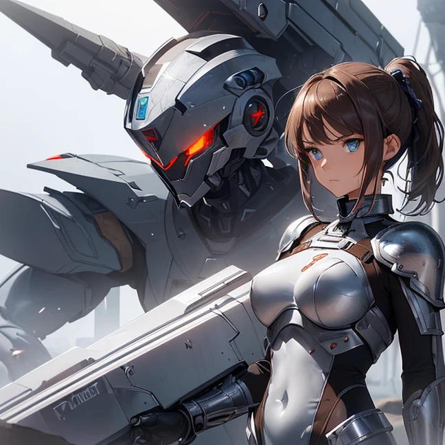 Absurdres, master piece, best high quality image, Science fiction genre, carefully detailed artwork, carefully detailed image, no deformity, solo alone character, full body view
{{(1character: 20 years old brown haired human futuristic medic girl, (beautiful blue eyes, fair skin, absolutely beautiful, brown hair tied in short ponytail with green ribbon, scared expression, warning position), (silver battle helmet, red bodysuit, silver battle armor, silver breast plate, silver shoulder plates, silver long boots, silver hip armor, silver crotch armor, black heavy laser pistol), (orange alien valley, purple ground spikes))}}