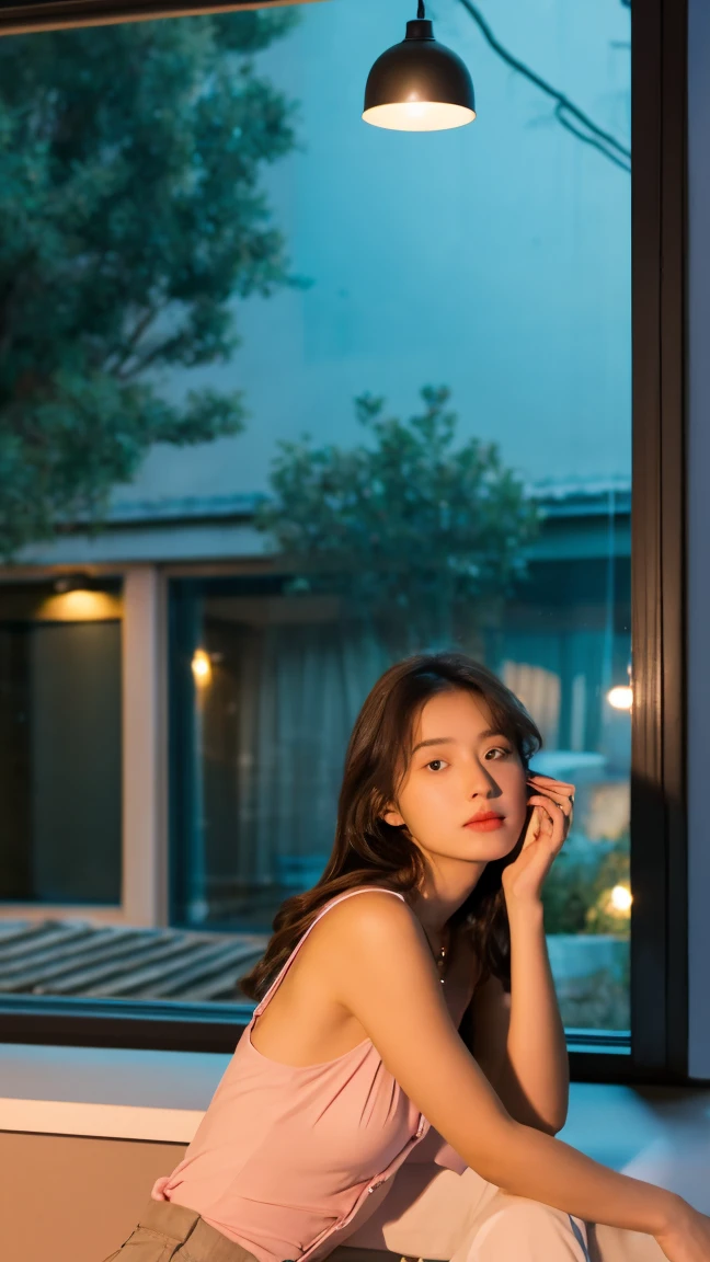 Ultra realistic, photo realistic, hight cuality, The photo features a young woman with shoulder-length hair. Beauty girl, She is wearing a light pink sleeveless nightgown with a few buttons on the top. The woman is sitting on the edge of a flat surface, possibly near a window or balcony, with her left hand resting beside her and her right leg slightly bent. In the background, there is a green potted plant and part of an indoor space illuminated by lamp light. The overall atmosphere of the photo appears calm and relaxed.