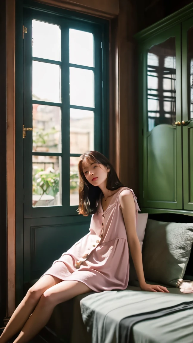 Ultra realistic, photo realistic, hight cuality, The photo features a young woman with shoulder-length hair. Beauty girl, She is wearing a light pink sleeveless nightgown with a few buttons on the top. The woman is sitting on the edge of a flat surface, possibly near a window or balcony, with her left hand resting beside her and her right leg slightly bent. In the background, there is a green potted plant and part of an indoor space illuminated by lamp light. The overall atmosphere of the photo appears calm and relaxed.