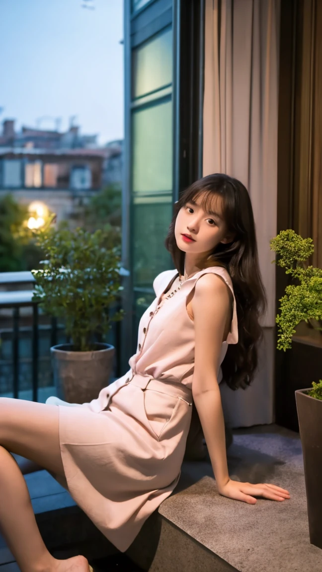 Ultra realistic, photo realistic, hight cuality, The photo features a young woman with shoulder-length hair. Beauty girl, She is wearing a light pink sleeveless nightgown with a few buttons on the top. The woman is sitting on the edge of a flat surface, possibly near a window or balcony, with her left hand resting beside her and her right leg slightly bent. In the background, there is a green potted plant and part of an indoor space illuminated by lamp light. The overall atmosphere of the photo appears calm and relaxed.