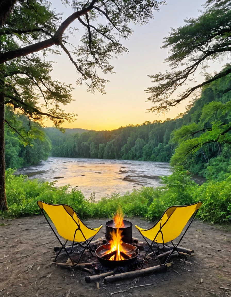 Two chairs with campfire in the middle, background forest, yellow tent nearby the rivers. with sunset vibes. 