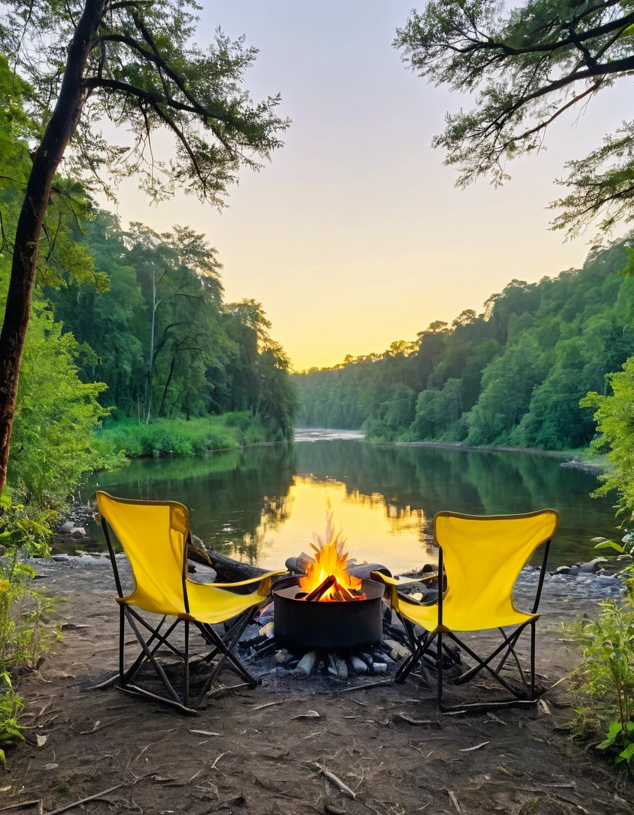 Two chairs with campfire in the middle, background forest, yellow tent nearby the rivers. with sunset vibes. 