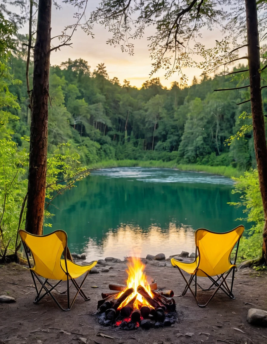 Two chairs with campfire in the middle, background forest, yellow tent nearby the rivers. with sunset vibes. 