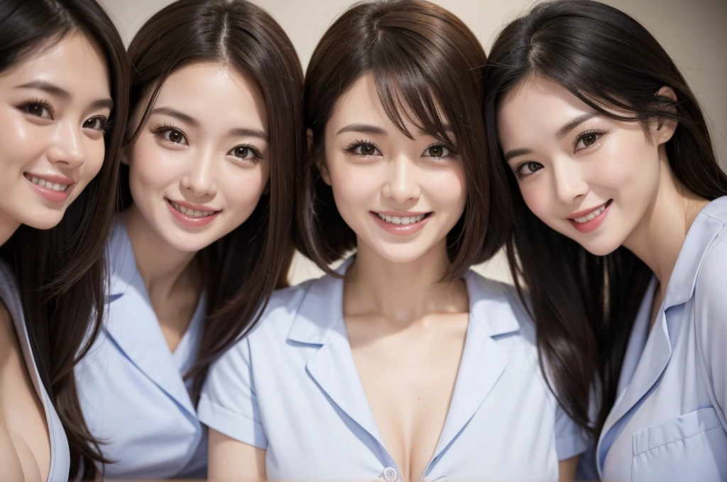 three sexy women in midwife outfits, flirtatious smiles, on bed, happy opened mouths, close up faces portrait