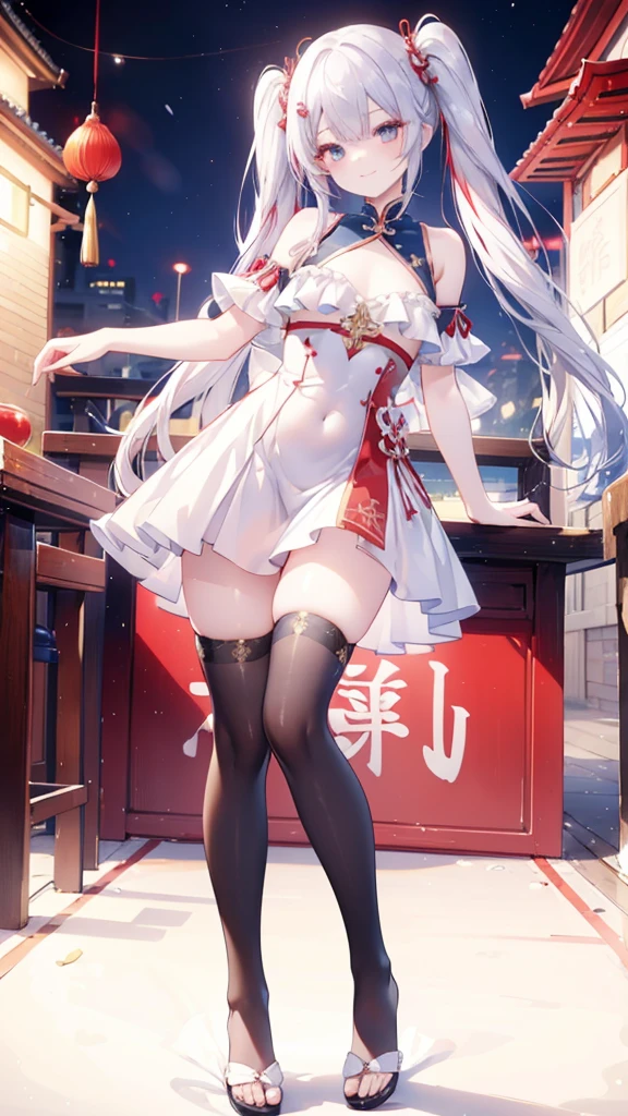 Silver Hair、Twin tails、Red gradient hair、Navy blue hair ornament、Golden hair ornament、Red and navy blue odd eyes、smile、Grown-up、White Chinese Dress、red decoration、Navy blue decoration、Golden decoration、Silver decoration、Shoulder Bare、Chest、tights、Chinatown