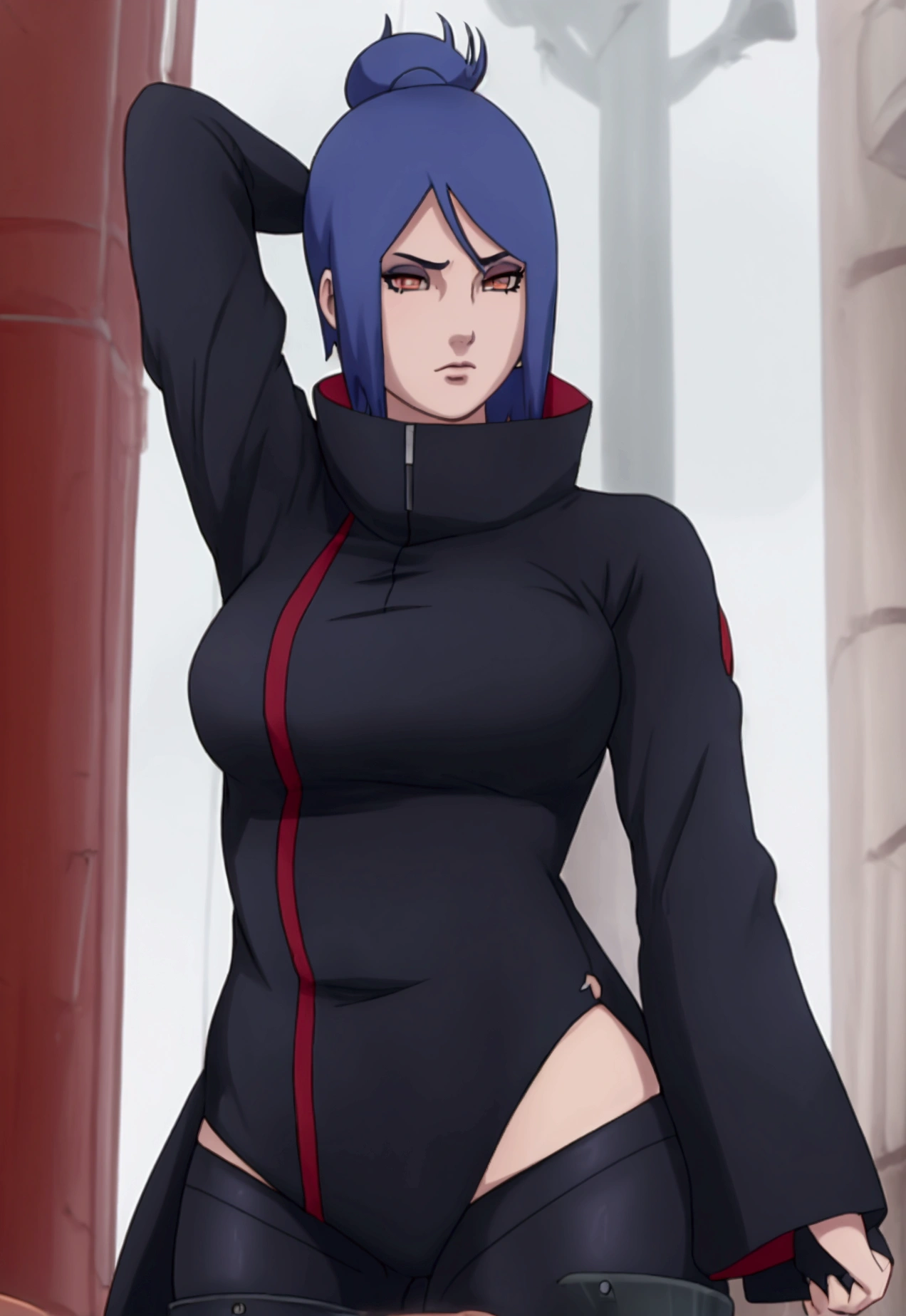 score_9, score_8_up, score_7_up, score_6_up, rating_safe, Konan/Naruto, 1girl, solo, hot girl, sexy girl, blue hair, hair ornament, hair bun, single hair bun, amber eyes, expressionless, big , nice thighs, nice ass, looking at viewer, standing, black bikini, arms behind head
