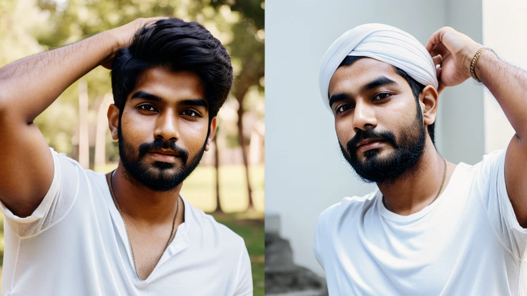 Create a young indian boy 19-21 years lf age with light beard and white skin wearing a white shirt