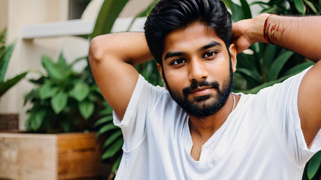 Create a young indian boy 19-21 years lf age with light beard and white skin wearing a white shirt