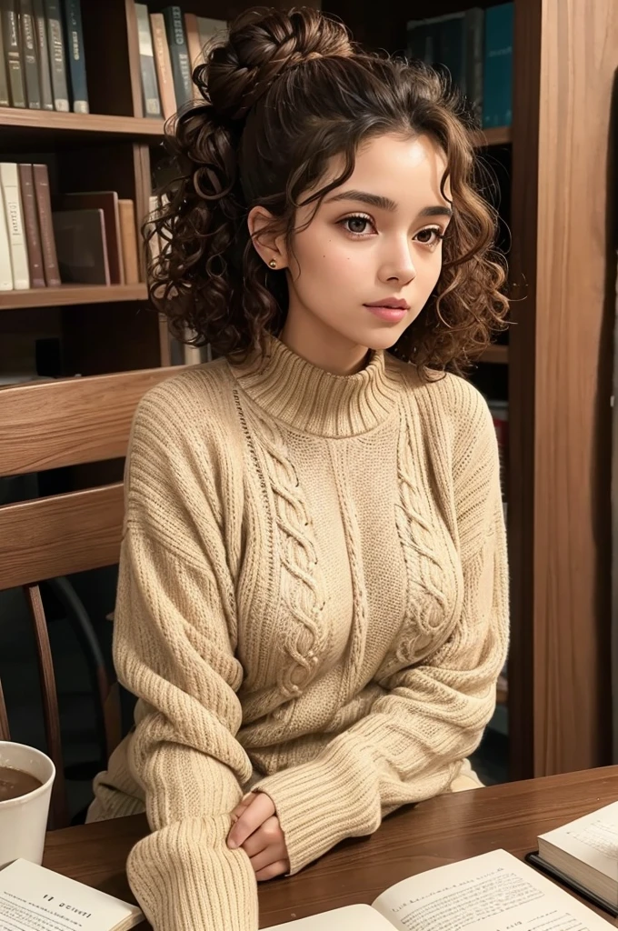 a woman with curly hair, brown, with a messy bun , wearing a sweater, sitting at a table, with books