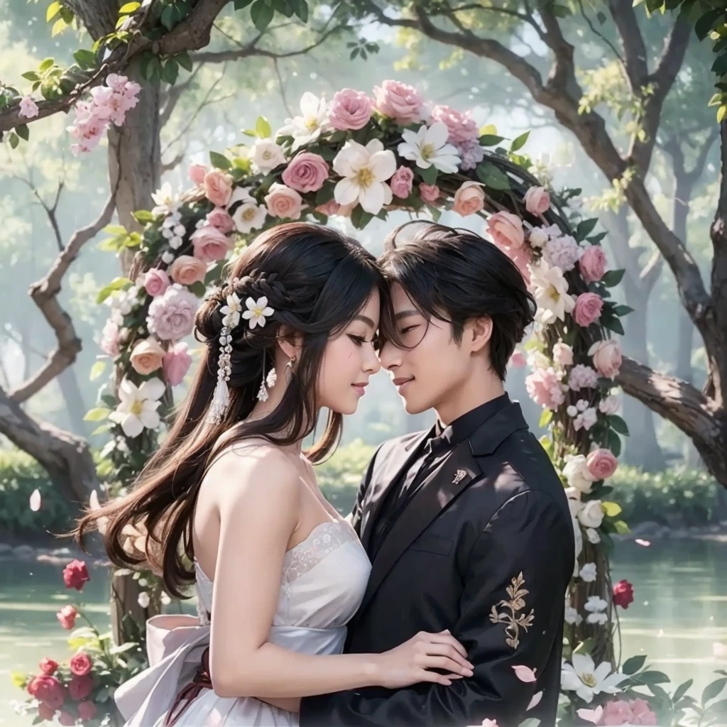 ,1 moon,Romantic couple kissing in the wind,anatomy correct, Delicate pattern,Oriental elements,Ink painting style, Clean colors,Pink rose space, Soft lighting, ( Bokeh),Masterpiece, Super detailed, Epic composition, Highest quality, 8K,
