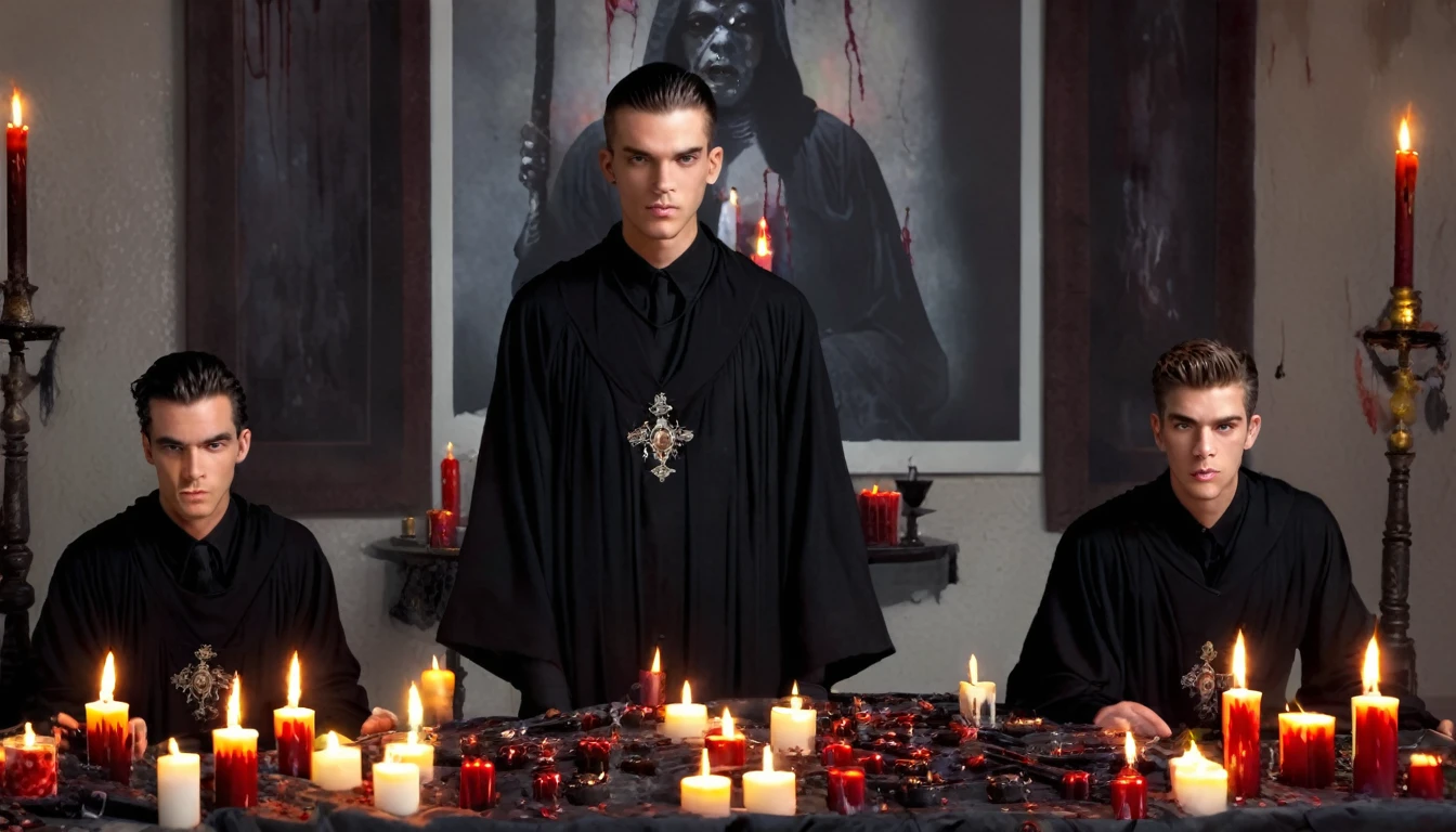 three 20 year old MEN in black robes, Blood, candles, voodoo, clear and ultra realistic image
