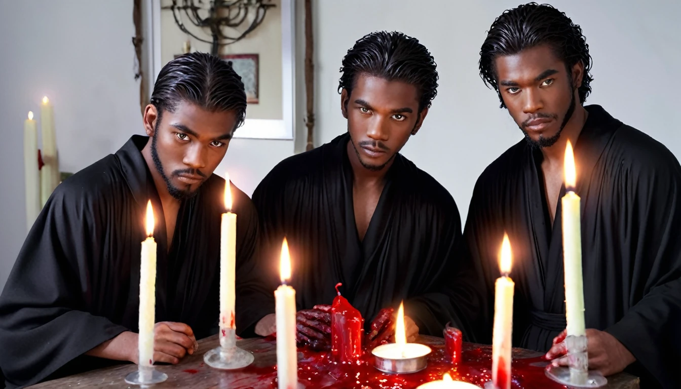 three 20 year old MEN in black robes, Blood, candles, voodoo, clear and ultra realistic image