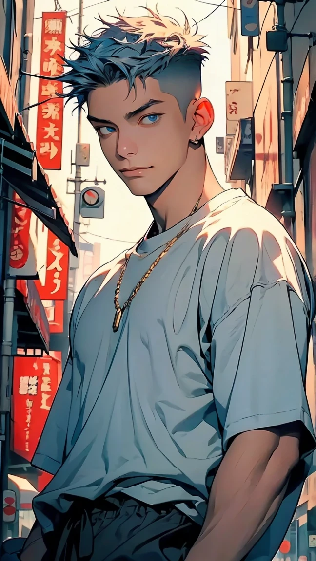 highest quality, 8K, high resolution image, anime style Jujutsu Kaisen, detailed strokes, slightly tanned skin, blurry, smile, purple light reflecting from it, (close angle), 1 man, young, male, model, cool guy, muscular, blue Eyes, light blue hair very short hair, brown hair, short hair, hairstyle: undercut, hair slicked back, swollen chest, he is wearing a T-shirt under a jacket and sweatpants, hand in trouser pocket, gold link chain, background: city, Tokyo, business district