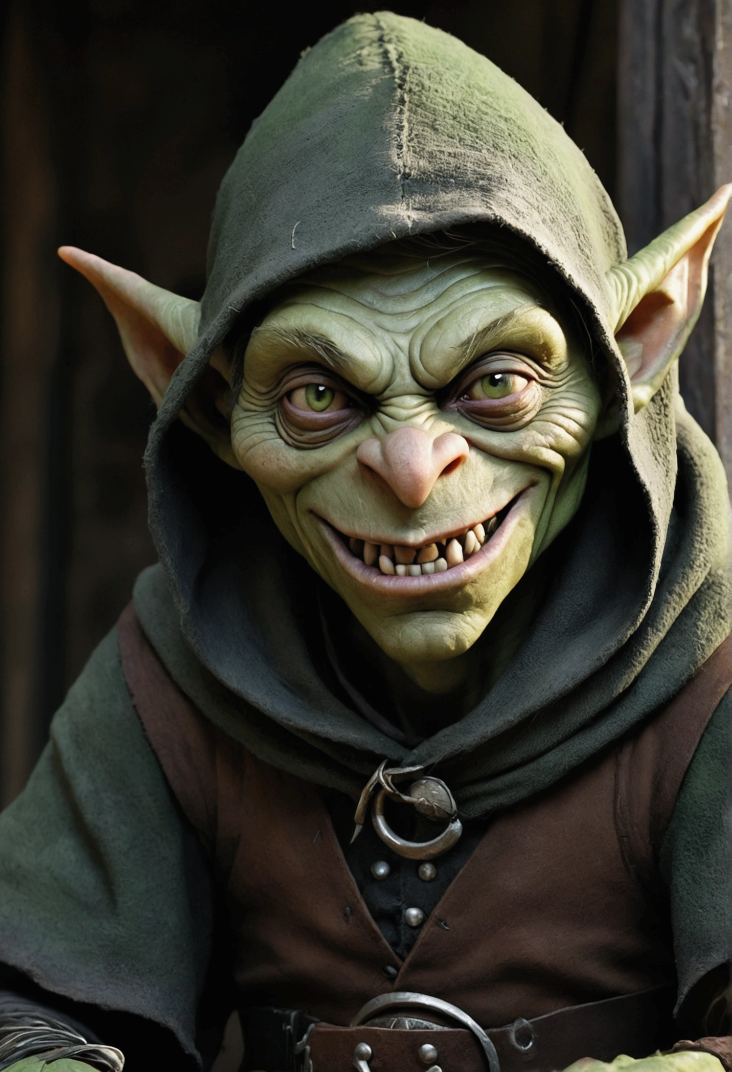 a smooth muddy greyish green-skinned, sharp-toothed visible sharp tooth, roguish dressed, (roguish clothes, medieval clothes) with a black hood-up goblin sits in the shadows. The details of the goblin's black hood are visible, showing its worn nature. the clothes are worn and grey black coloured. The green skin of the goblin is muted greyish, emphasizing its worn appearance. the goblin is young, about 20 years old, has visible sharp teeth with a friendly grin, the skin is muted green, (nice face, normal green nose, face of a magic adept, goblin face). while the goblin has sharp tooth the grin on its face is friendly. The lighting in the scene is dim, with a subtle glow casting eerie shadows on the goblin's face and surroundings. The overall image quality is of the highest standard, with ultra-detailed textures and a photorealistic rendering. The artwork is depicted in a medium that best showcases its unique style and texture, whether it be an illustration, oil painting, 3D rendering, or photography. The color palette is dominated by earthy tones, with a focus on various shades of green to complement the goblin's appearance.