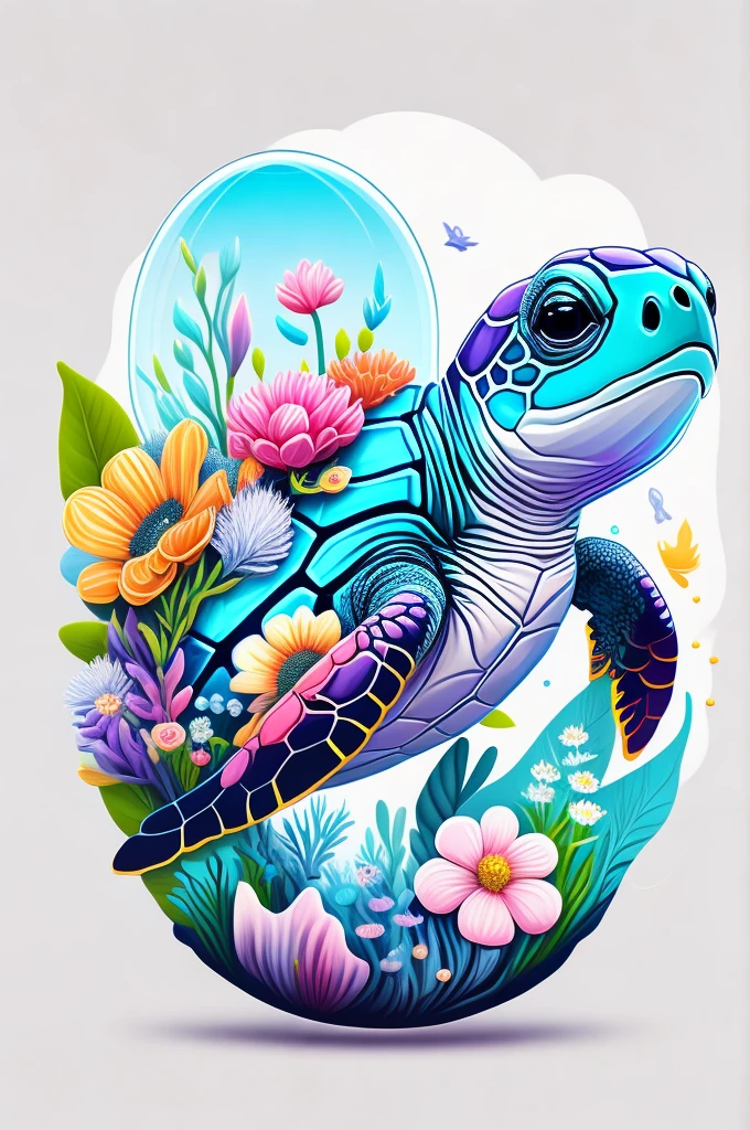 Chibi sea turtle, air bubble, flowers, vivid color, splash of color, cute, illustrator, digitl art, White background, image for t-shirt design, vectorized black contours, ultrarealistic details, 32K,