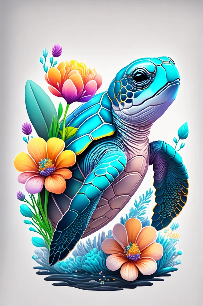 Chibi sea turtle, air bubble, flowers, vivid color, splash of color, cute, illustrator, digitl art, White background, image for t-shirt design, vectorized black contours, ultrarealistic details, 32K,