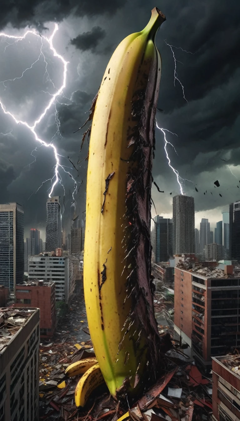 a huge demonic banana, enormous, towering over skyscrapers, destroying a city, apocalyptic chaos, dark storm clouds, lightning, debris flying, photorealistic, cinematic lighting, dramatic angles, intense colors, dramatic composition