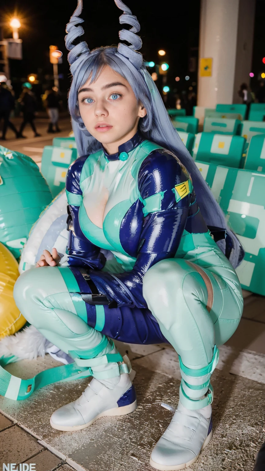 Masterpiece, Best quality, (photorealistic1.4), (UHD), (big breast), (flashphoto), (flash photography), (cleavage), (European model), (young woman), (JenniferConnelly90), (Tokyo Street), (epiCRealLife:1.0), (night time),  (Nejire latex bodysuit), 1girl, solo, long hair, blue eyes, (blue hair), (hair bangs), (drill hair, twin drills), (Nejire Hairstyle), hair horns, very long hair , light blue hair, (Nejire Yellow gloves), (look at viewers),  (Nejire demure), (squatting)