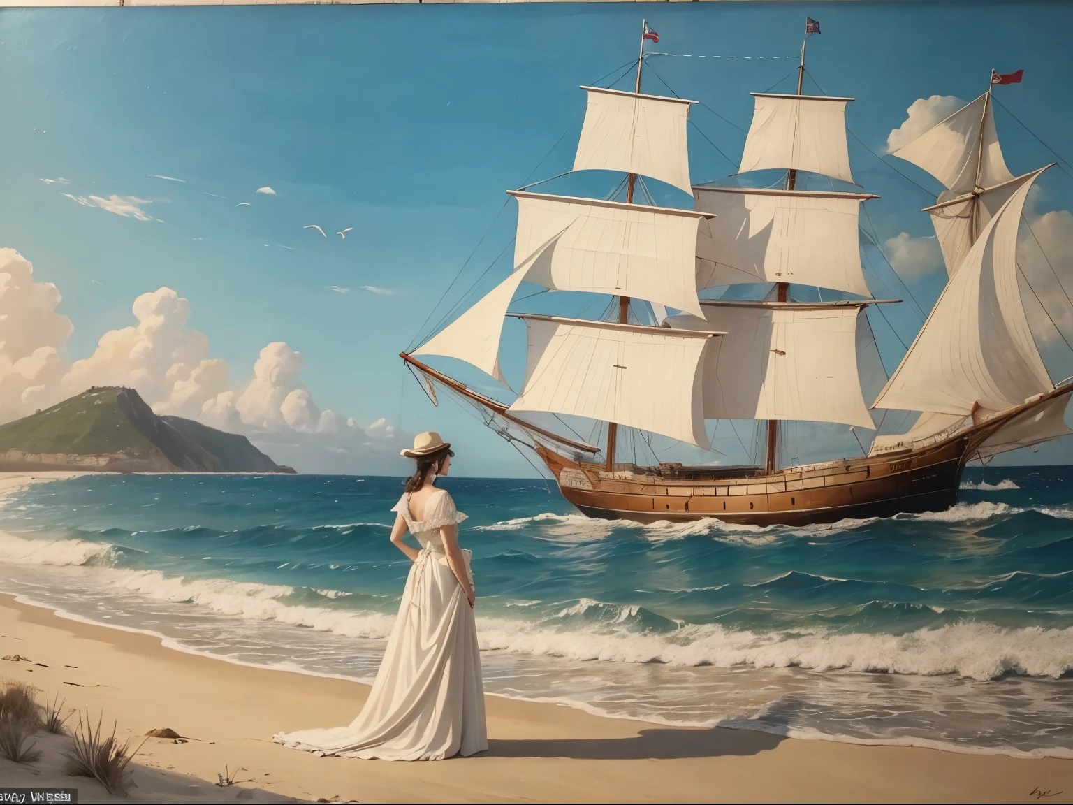 painting of a woman walking on the beach with a ship in the background, milo manara - h 1 2 0 0, milo manara, milo manara style, inspired by Richard Dadd, coming ashore, by Robert McGinnis, inspired by Milo Manara, by José Comas Quesada, at the sea