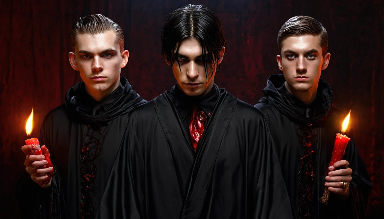 three 20 year old MEN in black robes, Blood, candles, voodoo, clear and ultra realistic image