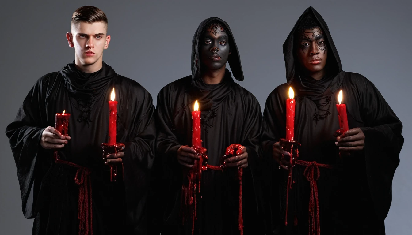 three 20 year old MEN in black robes, Blood, candles, voodoo, clear and ultra realistic image