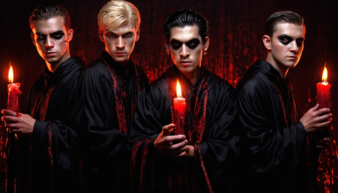 three 20 year old MEN in black robes, Blood, candles, voodoo, clear and ultra realistic image