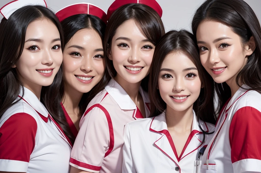 three sexy women in nurse outfits, cute smiles, on bed, happy opened mouths, close up faces portrait
