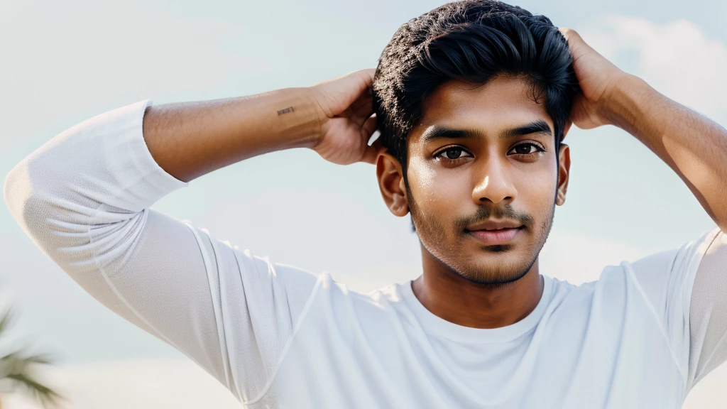 Create a young indian boy 19-21 years lf age with no beard and white skin wearing a white shirt