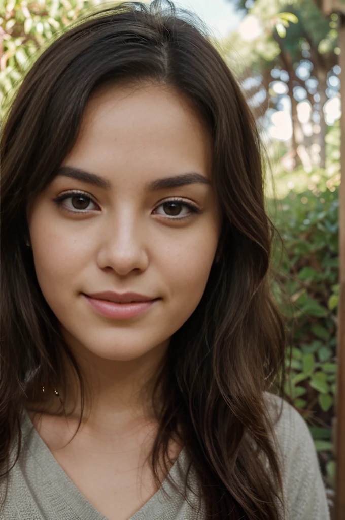 Surrounded by a forest. The forest plays the most important role in the photo. The woman is in the distance, not in the foreground. A young woman with long, wavy, slightly dark brown hair. The curls are well defined, framing the face with a natural, vibrant accent. Fair complexion, with a slightly golden complexion, typical of the sunny regions of Colombia. Eyes: Light brown or black that adds a captivating accent to their appearance. Face: Oval, with soft and harmonious features. Her cheekbones are slightly smiling and she has a charming appearance. Age: Approximately 18 years old, exuding an aura of youth and vitality and looking as realistic as possible. Casual style. It should be as real as possible.