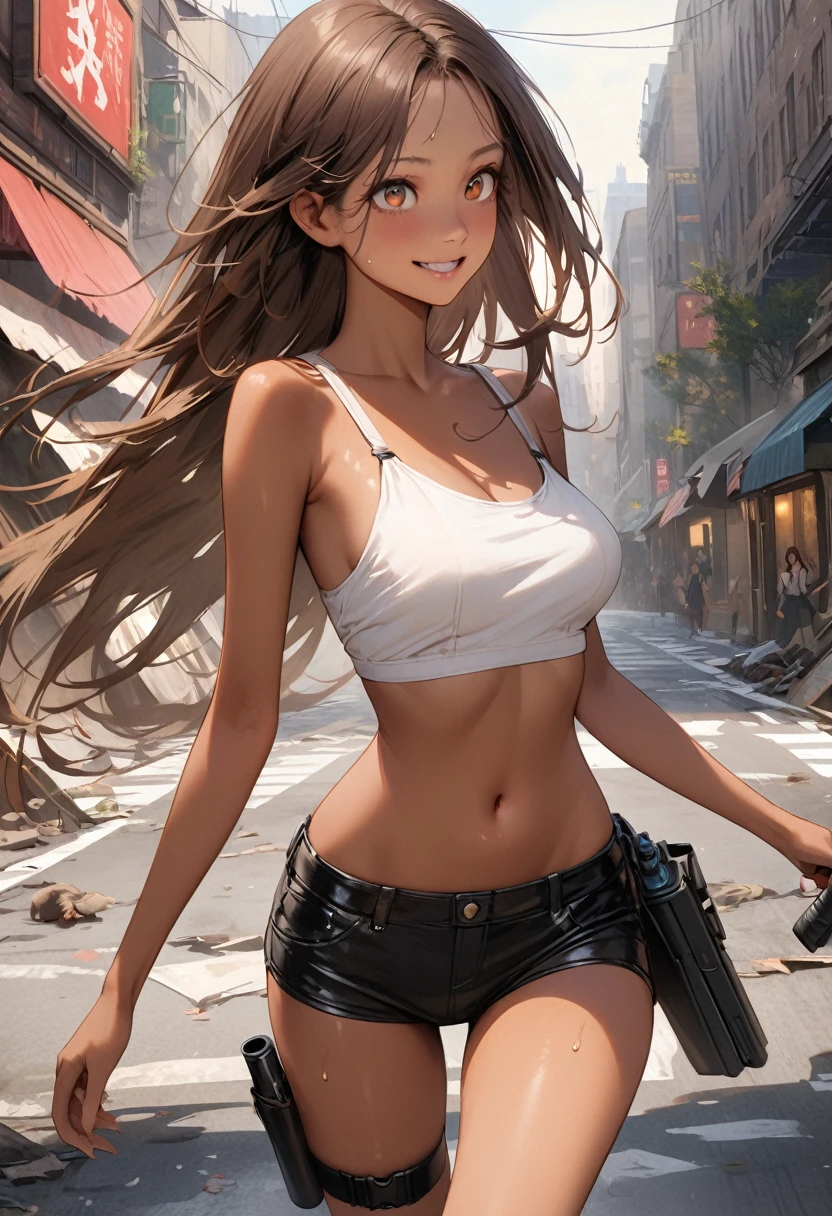 Dynamic gun action scenes、Woman shooting down zombieasterpiece,Highest quality:1.3,best quality illustration)),(realistic),cowboy shot,独奏,1woman,25 year old beauty,brown hair,long hair,bangs,brown eyes,(gorgeous big eyes),((very small head:1.3)),A strong smile,((very long body:1.2,skinny)),((tan skin:1.4)),medium breasts,White tube top bra、navel,Black leather micro shorts、With leg holster,gleaming skin,slender body,sweat,standing,Collapsed Buildings、on street,New York City、Resident Evil World、