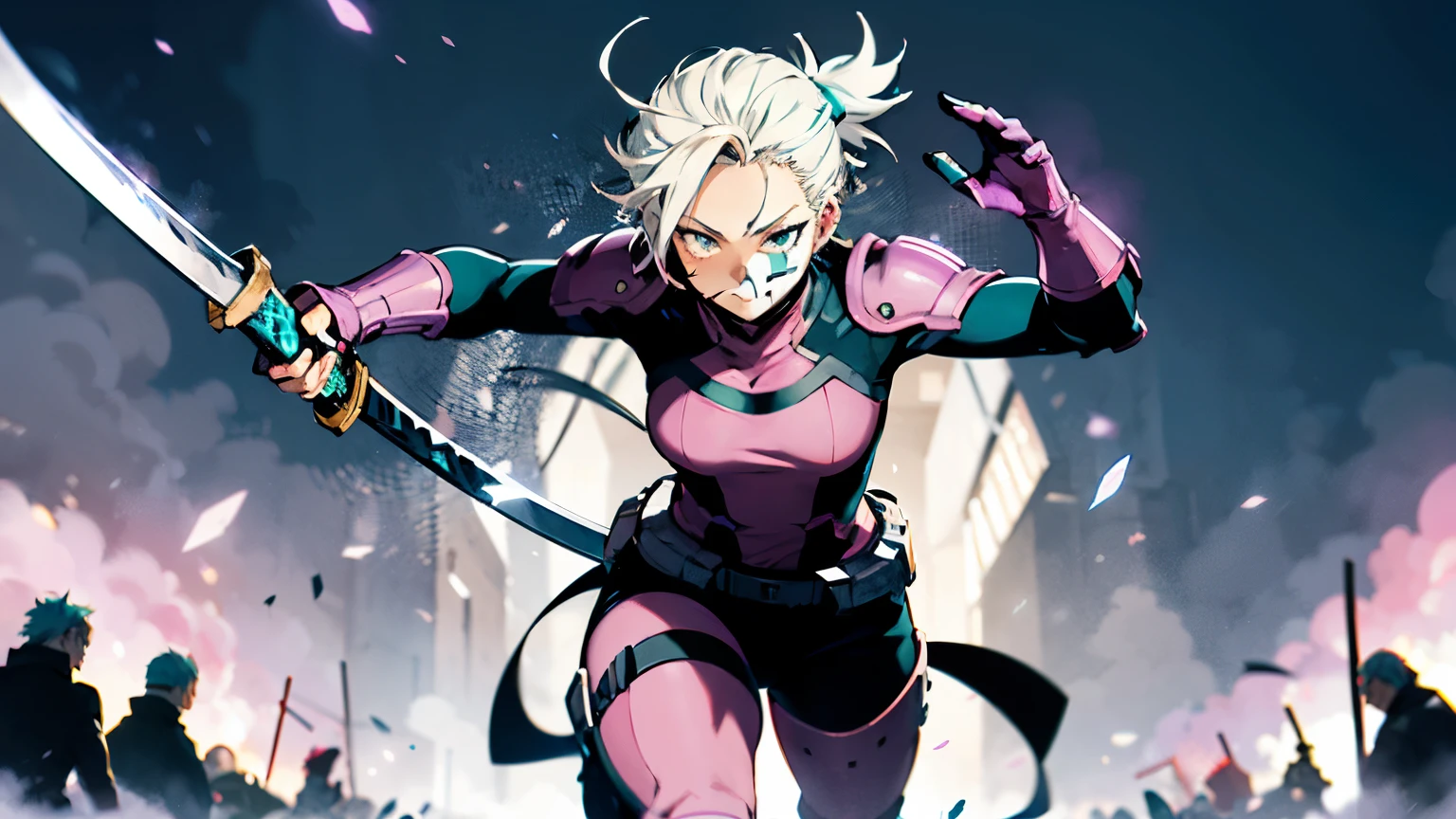 Boku no Hero academia theme anime female paladin with turquoise hair and black tips, no helmet, no shield, wearing full armor with katana Yamato Vergil Sparda, -eye characteristics: pink violets. put the full body on it