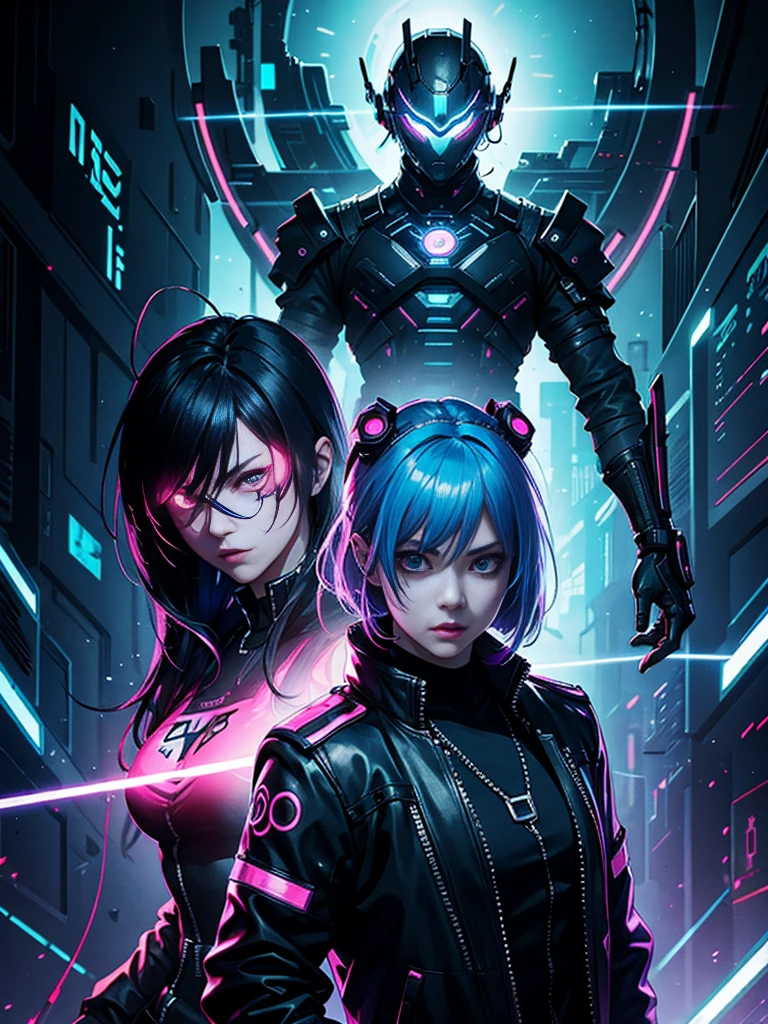 (masterpiece, best quality, cyborg girl, android girl, robot girl, blue skin, blue body, glowing blue eyes, robot body, cyberpunk, cyberpunk city) . (muscle: 2.0)