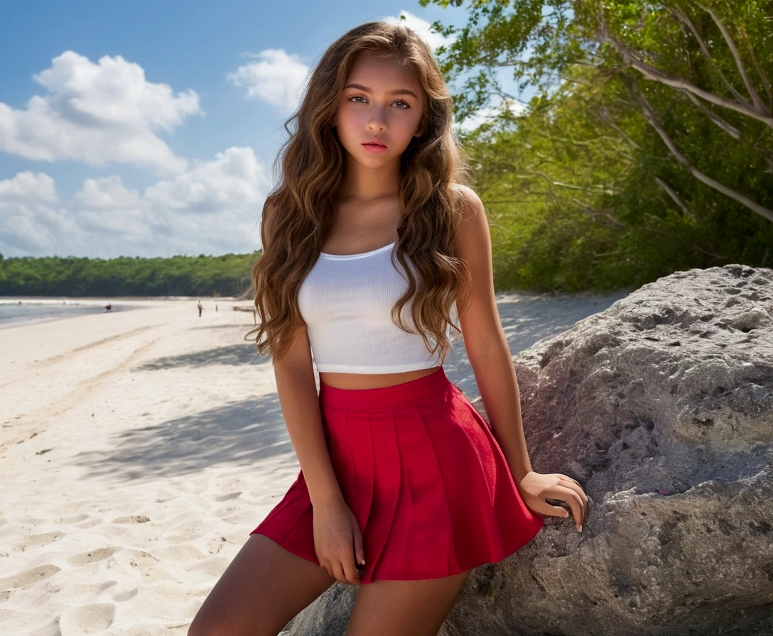 18 year old girl, light brown wavy long hair, slightly tanned skin, Almond-shaped large eyes with dark brown iris, narrow mouth with pink red lips, Medium sized nose and small ears, She wears a red short mini skirt ,a white slip ,white short socks with light shoes, a white tight-fitting crop top , She sits on a big stone, on the white beach ,with trees and blue sky , 