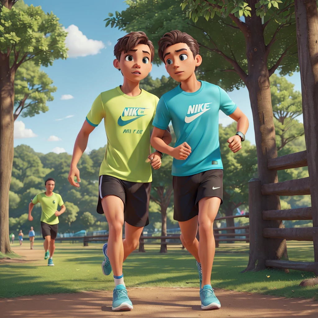 detailed couple running in a park, 1man 1woman, athletic clothes nike, vivid colors, dramatic lighting, cinematic composition, (best quality,4k,8k,highres,masterpiece:1.2),ultra-detailed,(realistic,photorealistic,photo-realistic:1.37),vibrant colors,dramatic lighting,action pose,dynamic movement,lush greenery,scenic landscape,cinematic perspective