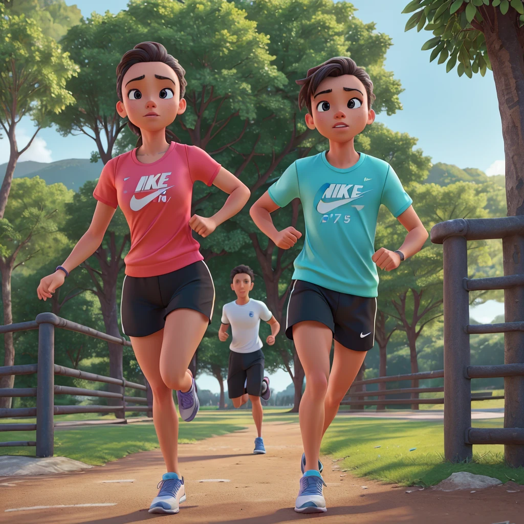 detailed couple running in a park, 1man 1woman, athletic clothes nike, vivid colors, dramatic lighting, cinematic composition, (best quality,4k,8k,highres,masterpiece:1.2),ultra-detailed,(realistic,photorealistic,photo-realistic:1.37),vibrant colors,dramatic lighting,action pose,dynamic movement,lush greenery,scenic landscape,cinematic perspective