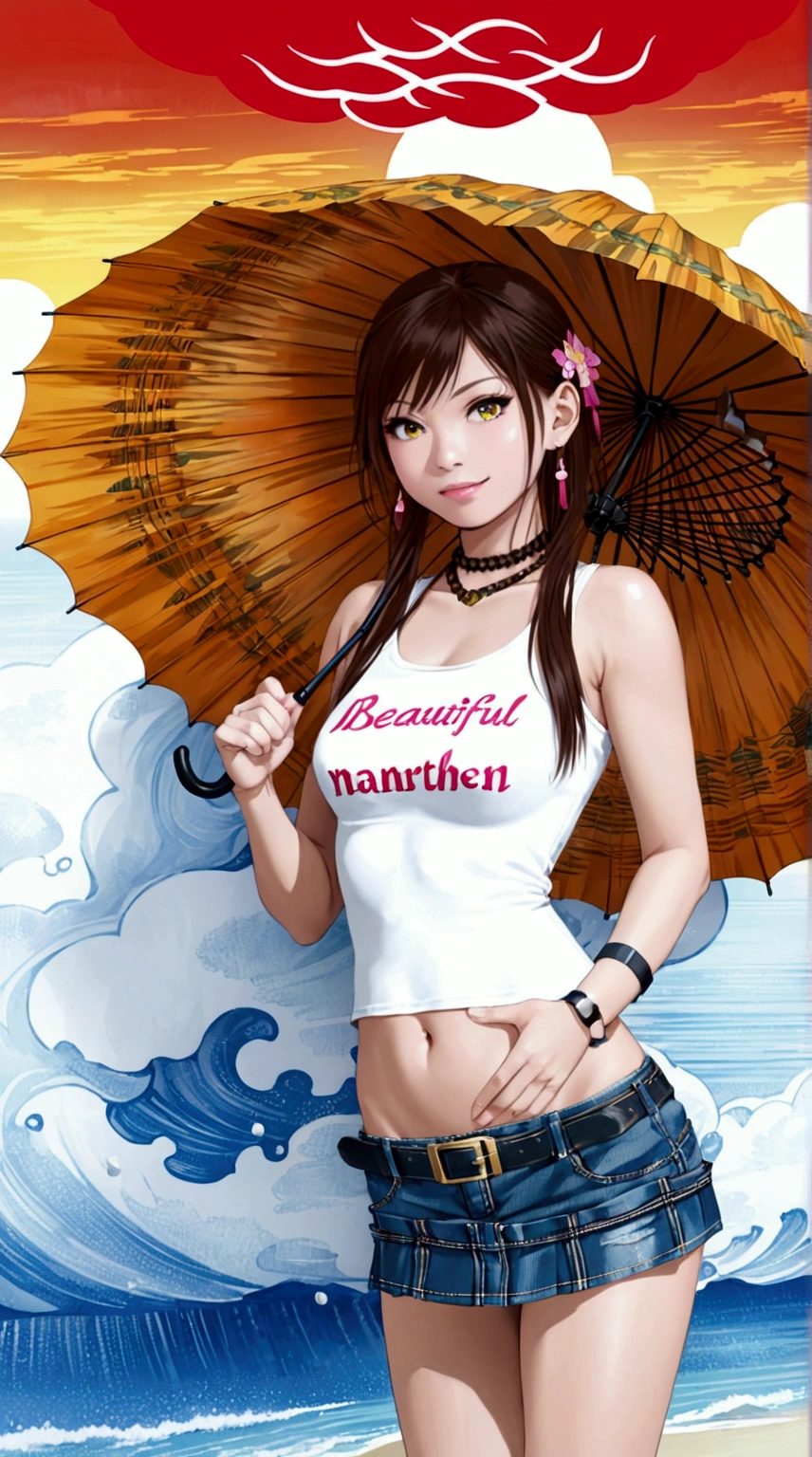 a young beautiful woman holding an umbrella at the sunset beach , anime style, beautiful detailed eyes, beautiful detailed lips, extremely detailed face, longeyelashes, 1girl, solo, full body, vivid colors, (masterpiece, best quality)