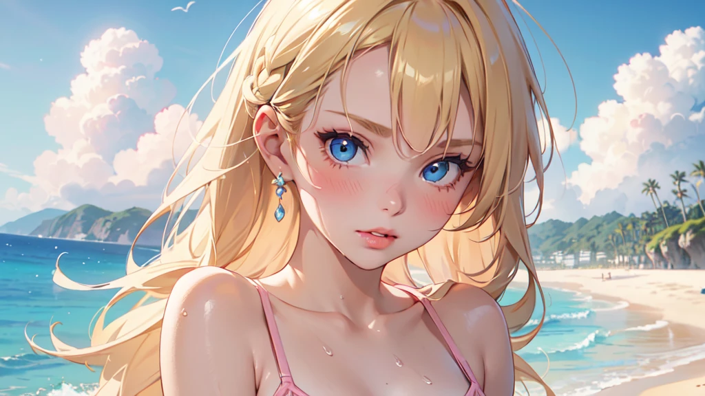 1girl, solo, elegant hair (upper body: 1.1), (side at the viewer: 1.1),Piped Splice Wide Strap One Piece Swimsuit , filmg , sweet_lolita, Best quality, masterpiece, blond hair, blue eyes, Exquisite mouth,Very detailed face, blush, Shiny wet skin, Pink lips, Delicate lips, beach background, holding a beach ball