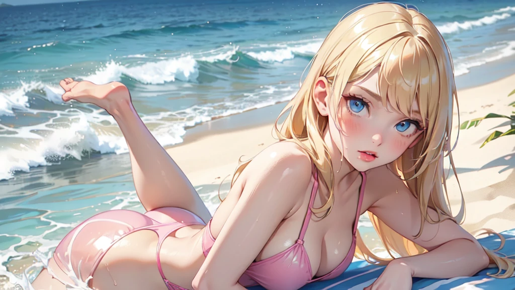 1girl, solo, elegant hair (upper body: 1.1), (side at the viewer: 1.1),Piped Splice Wide Strap One Piece Swimsuit , filmg , sweet_ta, Best quality, masterpiece, blond hair, blue eyes, Exquisite mouth,Very detailed face, blush, Shiny wet skin, Pink lips, Delicate lips, beach background, holding a beach ball